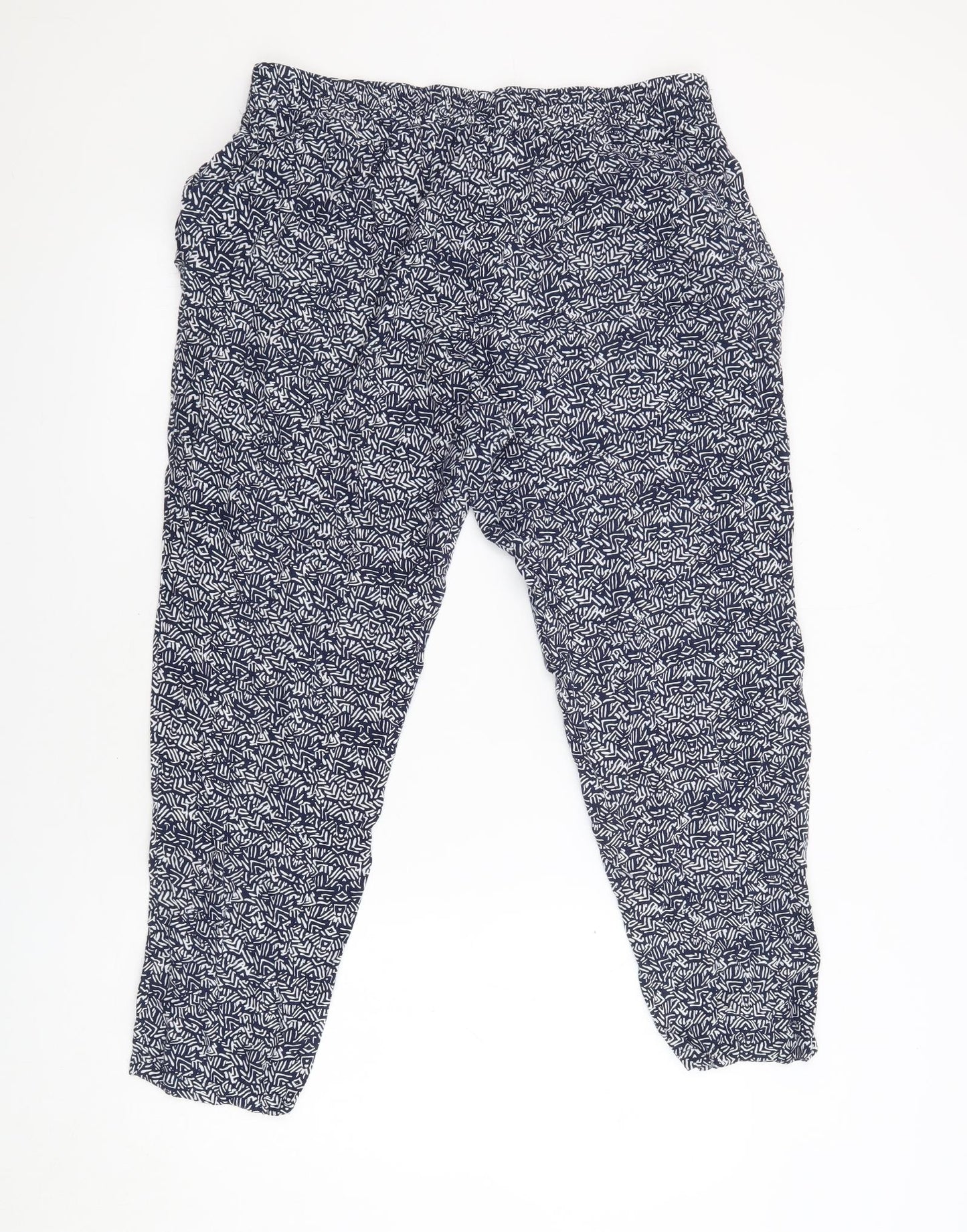 NEXT Womens Blue Geometric Polyester Trousers Size 14 L26 in Regular - Elasticated Waist Pockets