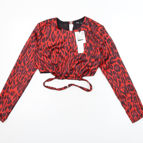 Zara Womens Red Animal Print Polyester Cropped Blouse Size S Round Neck - Leopard Print Open Back