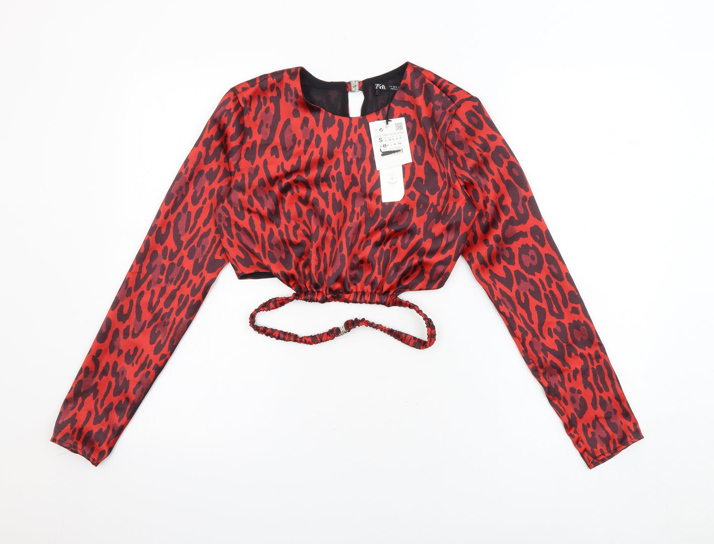 Zara Womens Red Animal Print Polyester Cropped Blouse Size S Round Neck - Leopard Print Open Back