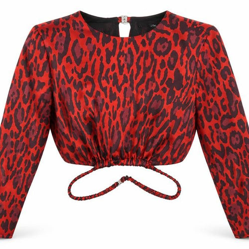 Zara Womens Red Animal Print Polyester Cropped Blouse Size S Round Neck - Leopard Print Open Back