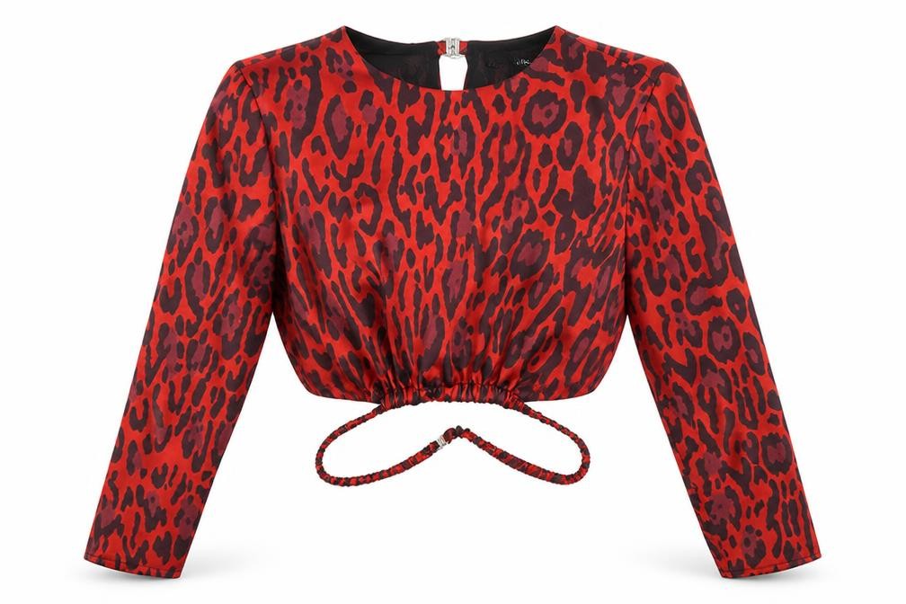 Zara Womens Red Animal Print Polyester Cropped Blouse Size S Round Neck - Leopard Print Open Back