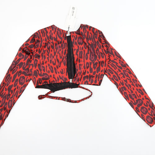 Zara Womens Red Animal Print Polyester Cropped Blouse Size S Round Neck - Leopard Print Open Back