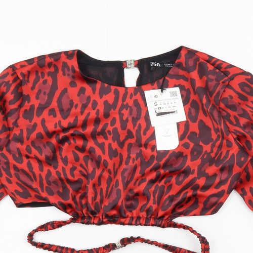 Zara Womens Red Animal Print Polyester Cropped Blouse Size S Round Neck - Leopard Print Open Back