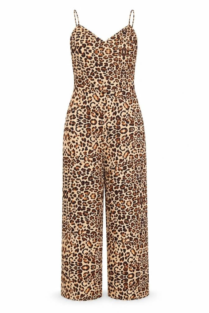 Topshop Womens Beige Animal Print Viscose Jumpsuit One-Piece Size 8 L21 in Zip - Leopard Print