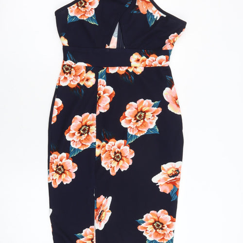 AX Paris Womens Blue Floral Polyester Shift Size 10 Crew Neck Zip - Cut Out Slit