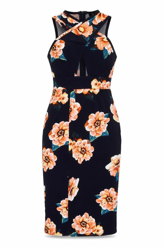 Front view of AX Paris women’s blue floral polyester shift, size UK 10, crew neck zip - cut out slit