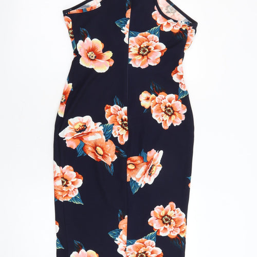 AX Paris Womens Blue Floral Polyester Shift Size 10 Crew Neck Zip - Cut Out Slit