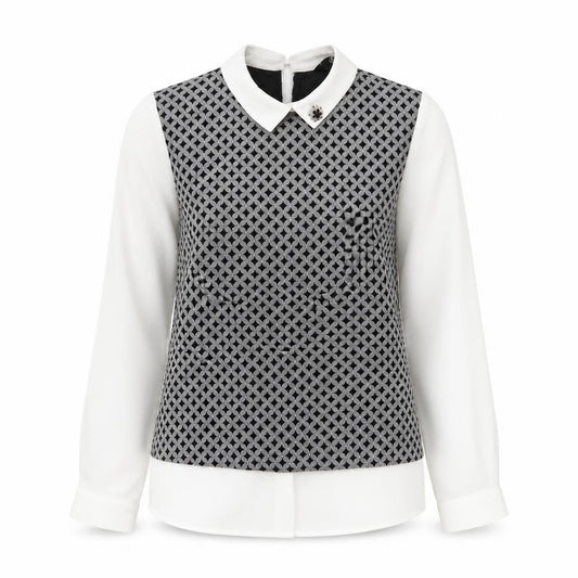 Front view of Sister Jane women’s black geometric polyester basic blouse, size S, collared