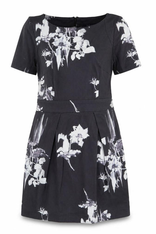 Front view of French Connection Women's Black Floral A-Line Dress, size 12