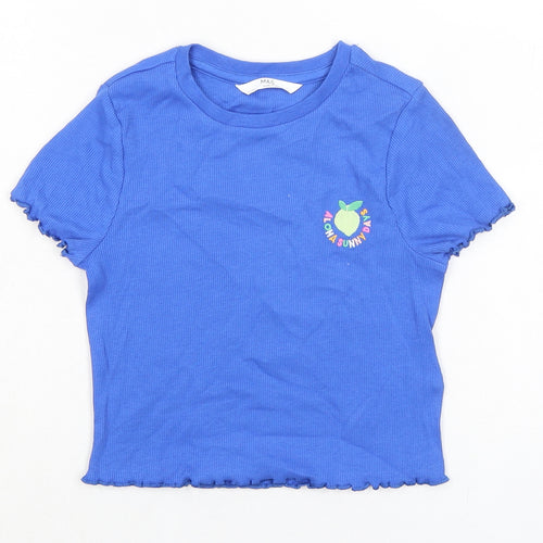 Marks and Spencer Girls Blue Cotton Basic T-Shirt Size 5-6 Years Crew Neck Pullover - Ribbed, Aloha Sunny Days