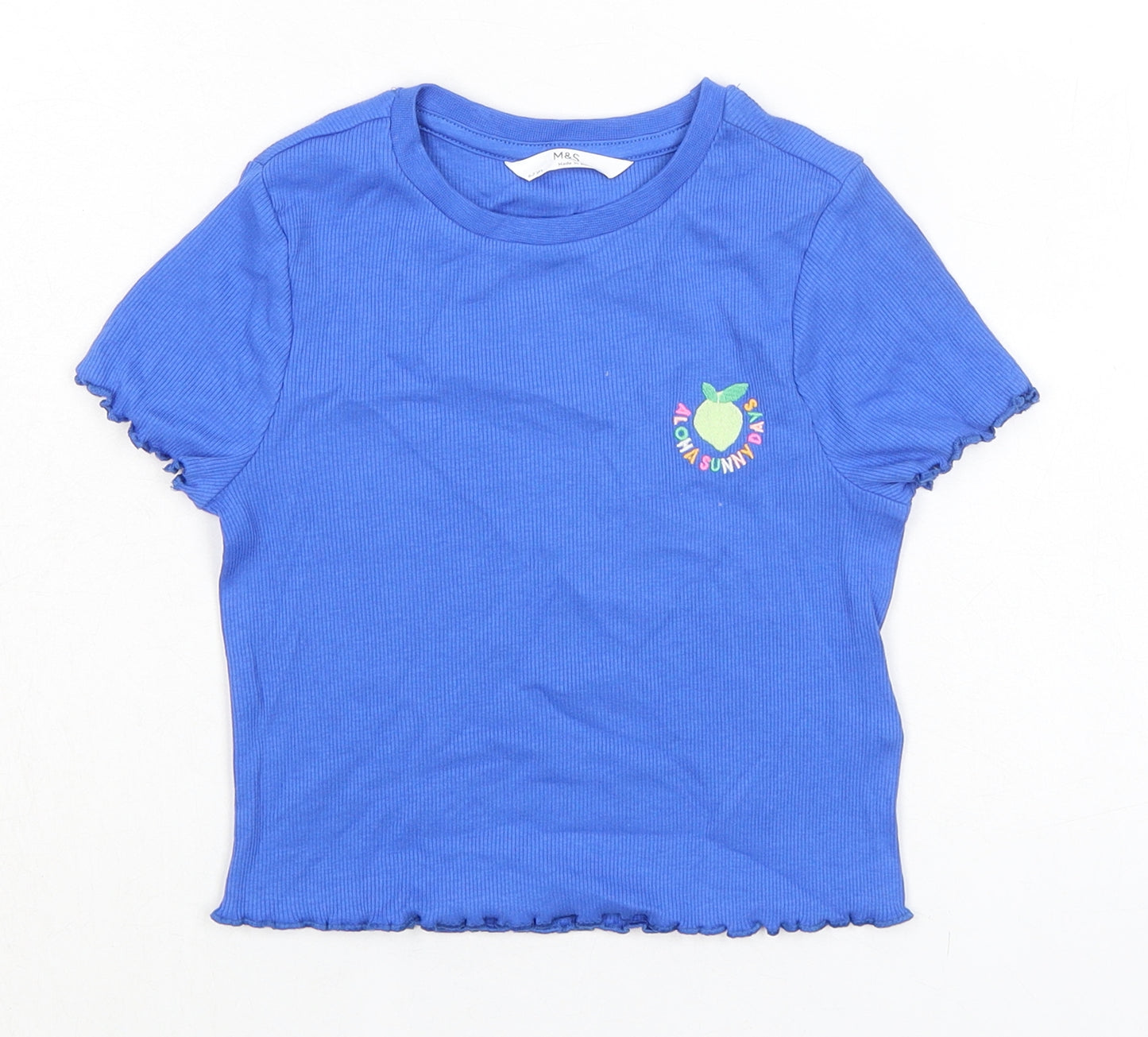 Marks and Spencer Girls Blue Cotton Basic T-Shirt Size 5-6 Years Crew Neck Pullover - Ribbed, Aloha Sunny Days