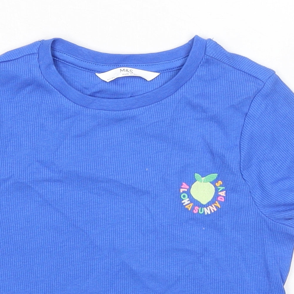 Marks and Spencer Girls Blue Cotton Basic T-Shirt Size 5-6 Years Crew Neck Pullover - Ribbed, Aloha Sunny Days