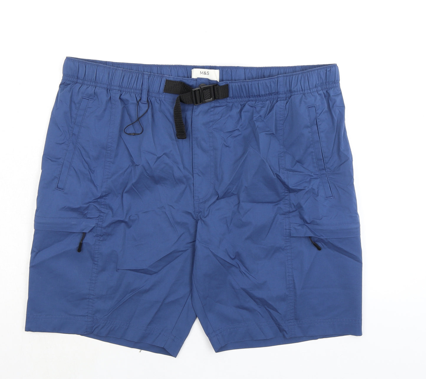 Marks and Spencer Mens Blue Cotton Cargo Shorts Size 42 in L8 in Regular - Zip Pocket