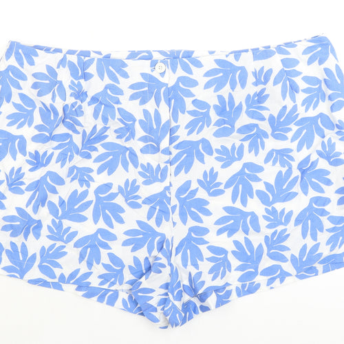Marks and Spencer Womens Blue Cotton Basic Shorts Size 24 L3 in Regular Zip - Leaf Print