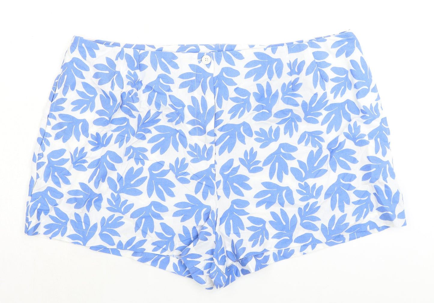 Marks and Spencer Womens Blue Cotton Basic Shorts Size 24 L3 in Regular Zip - Leaf Print