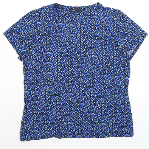 Marks and Spencer Womens Blue Floral Cotton Basic T-Shirt Size 18 Round Neck