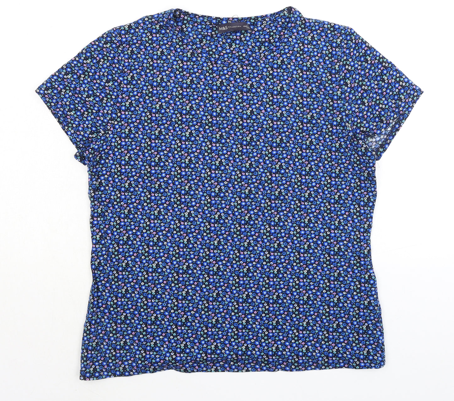 Marks and Spencer Womens Blue Floral Cotton Basic T-Shirt Size 18 Round Neck