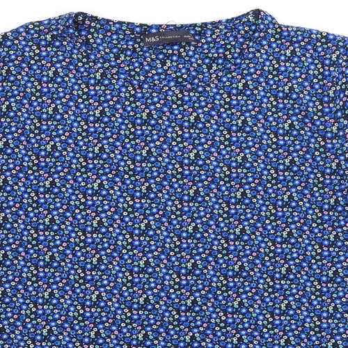 Marks and Spencer Womens Blue Floral Cotton Basic T-Shirt Size 18 Round Neck