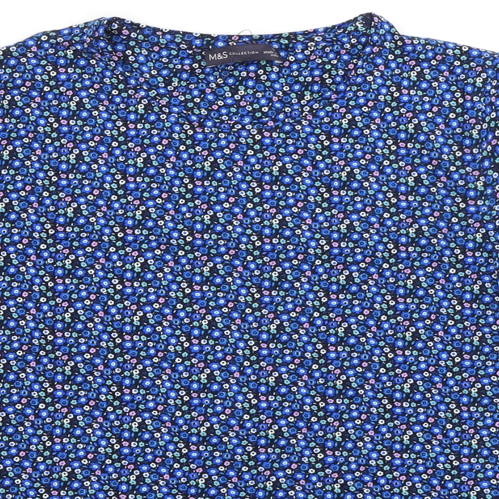 Marks and Spencer Womens Blue Floral Cotton Basic T-Shirt Size 18 Round Neck