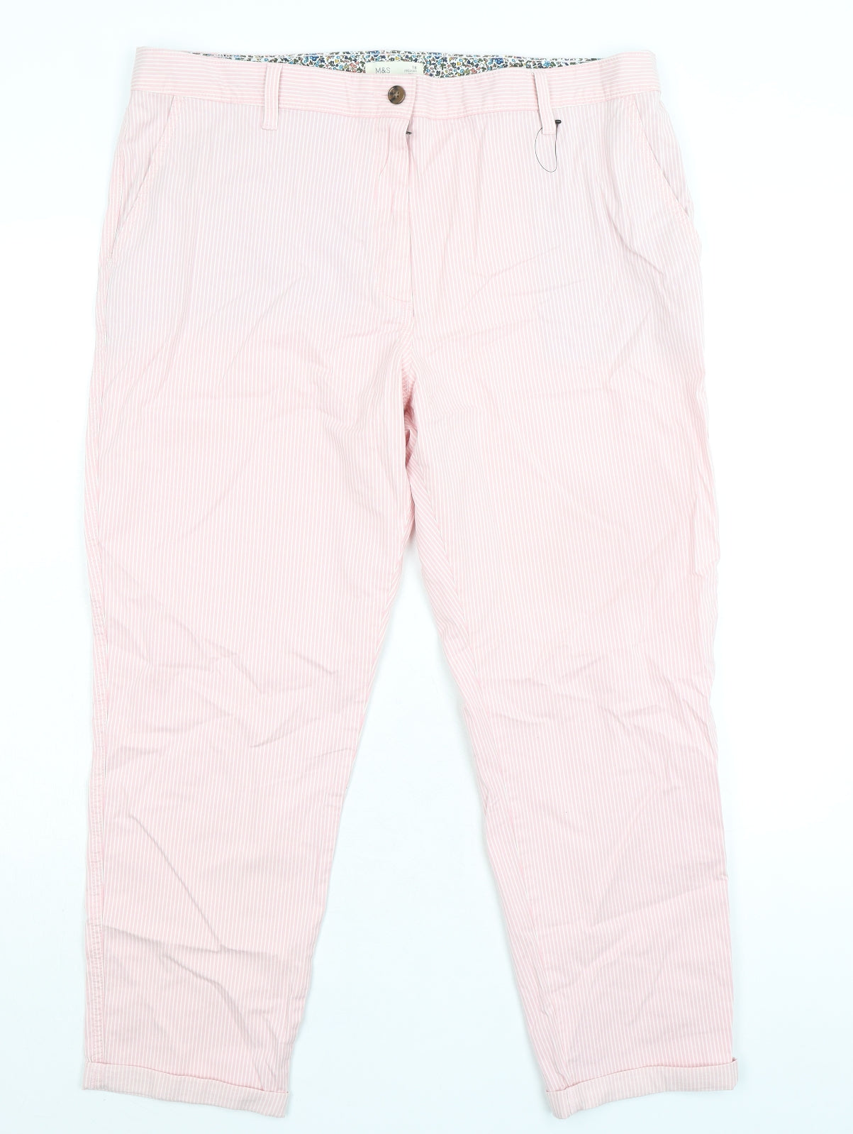 Marks and Spencer Womens Pink Striped Cotton Cropped Trousers Size 18 L27 in Regular Zip - Turn Ups