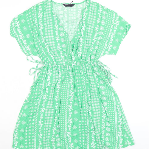 Marks and Spencer Womens Green Floral Viscose Fit & Flare Size 8 V-Neck - Elasticated Waist