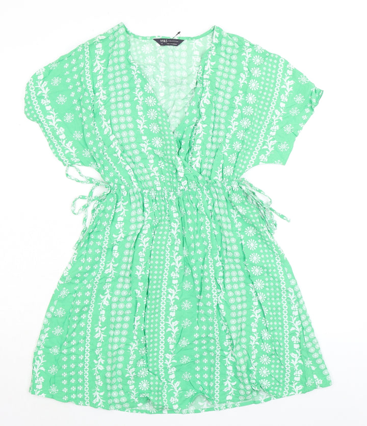 Marks and Spencer Womens Green Floral Viscose Fit & Flare Size 8 V-Neck - Elasticated Waist