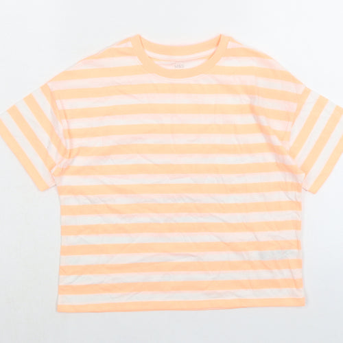 Marks and Spencer Girls Orange Striped Cotton Basic T-Shirt Size 10-11 Years Crew Neck Pullover