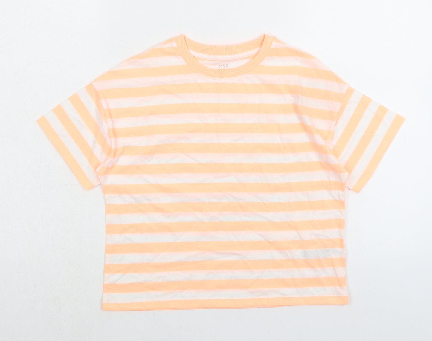 Marks and Spencer Girls Orange Striped Cotton Basic T-Shirt Size 10-11 Years Crew Neck Pullover