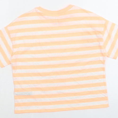 Marks and Spencer Girls Orange Striped Cotton Basic T-Shirt Size 10-11 Years Crew Neck Pullover