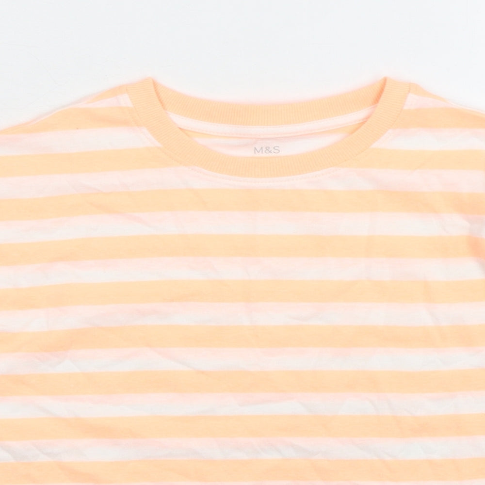 Marks and Spencer Girls Orange Striped Cotton Basic T-Shirt Size 10-11 Years Crew Neck Pullover