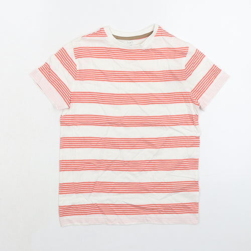 Marks and Spencer Boys Red Striped 100% Cotton Basic T-Shirt Size 9-10 Years Crew Neck Pullover