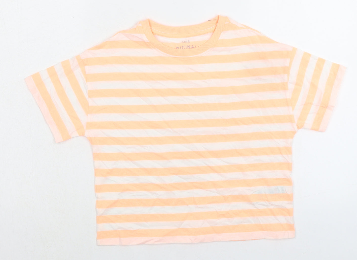 Marks and Spencer Girls Orange Striped Cotton Basic T-Shirt Size 9-10 Years Crew Neck Pullover