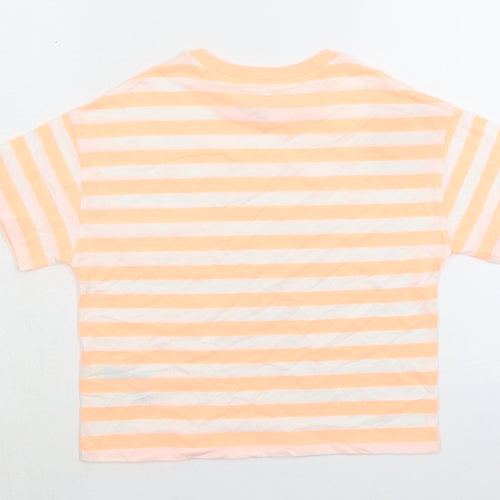 Marks and Spencer Girls Orange Striped Cotton Basic T-Shirt Size 9-10 Years Crew Neck Pullover