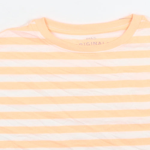 Marks and Spencer Girls Orange Striped Cotton Basic T-Shirt Size 9-10 Years Crew Neck Pullover