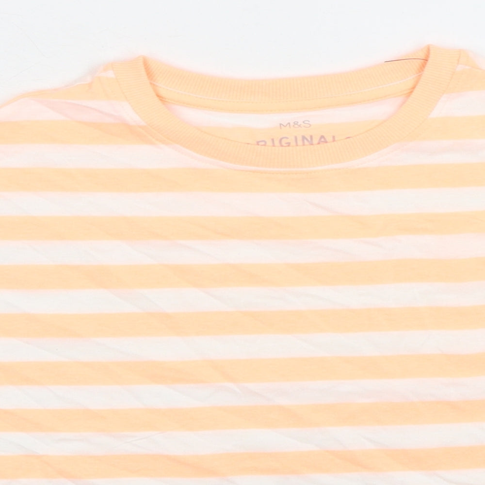 Marks and Spencer Girls Orange Striped Cotton Basic T-Shirt Size 9-10 Years Crew Neck Pullover