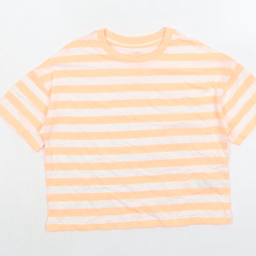 Marks and Spencer Girls Orange Striped Cotton Basic T-Shirt Size 8-9 Years Crew Neck Pullover