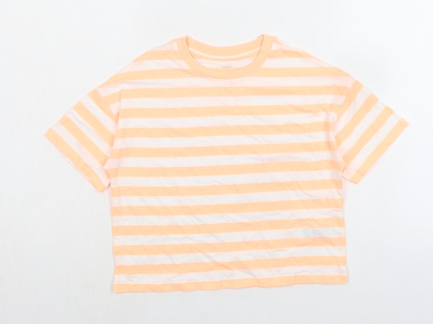 Marks and Spencer Girls Orange Striped Cotton Basic T-Shirt Size 8-9 Years Crew Neck Pullover