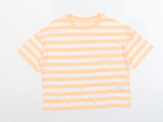 Marks and Spencer Girls Orange Striped Cotton Basic T-Shirt Size 8-9 Years Crew Neck Pullover