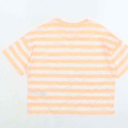 Marks and Spencer Girls Orange Striped Cotton Basic T-Shirt Size 8-9 Years Crew Neck Pullover