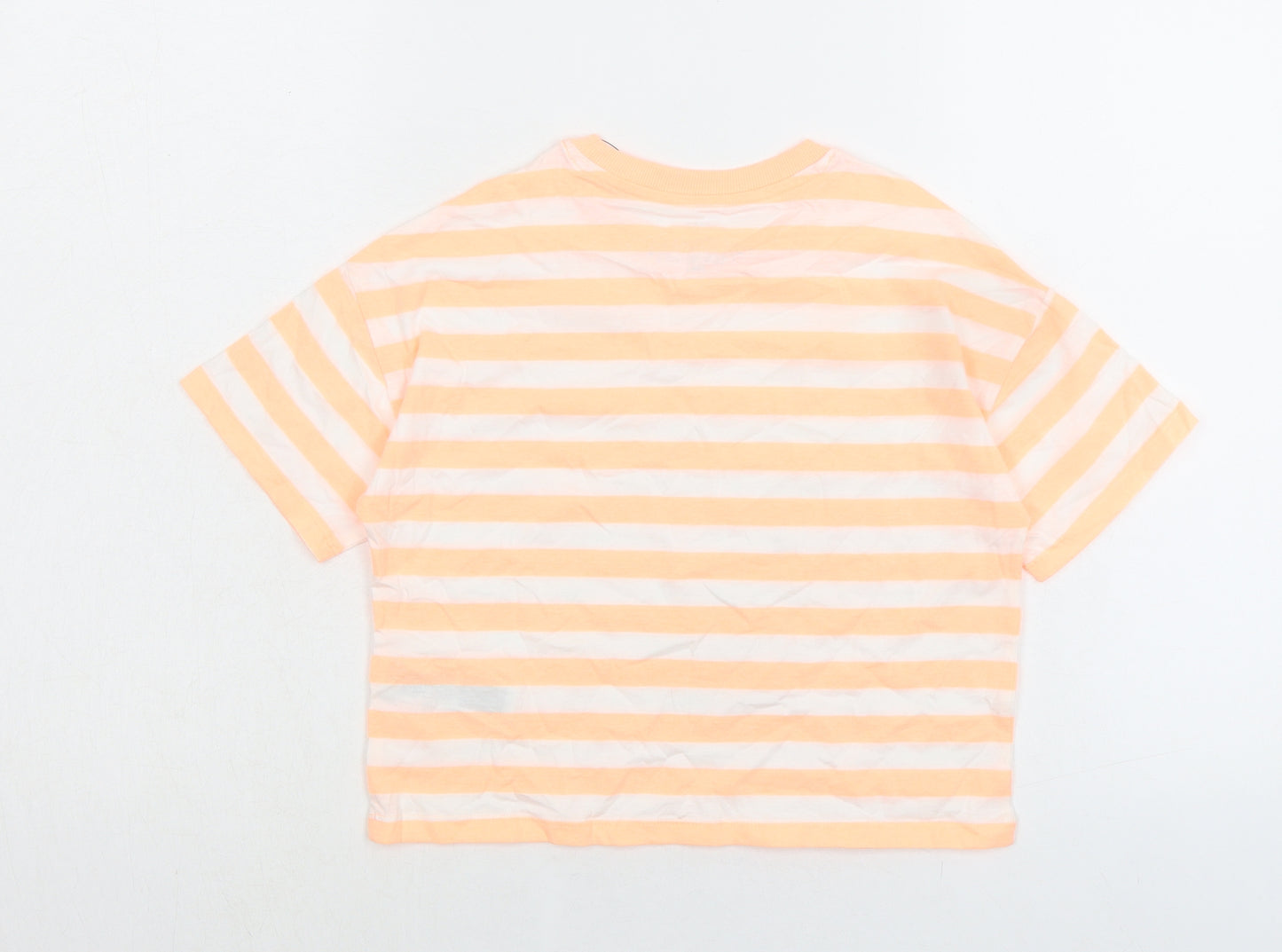 Marks and Spencer Girls Orange Striped Cotton Basic T-Shirt Size 8-9 Years Crew Neck Pullover