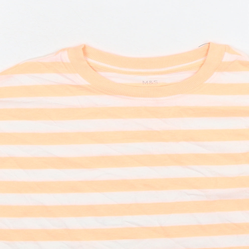 Marks and Spencer Girls Orange Striped Cotton Basic T-Shirt Size 8-9 Years Crew Neck Pullover