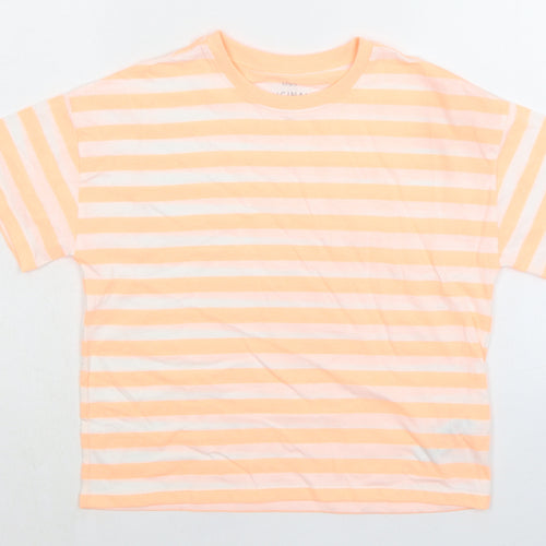 Marks and Spencer Girls Orange Striped Cotton Basic T-Shirt Size 11-12 Years Crew Neck Pullover