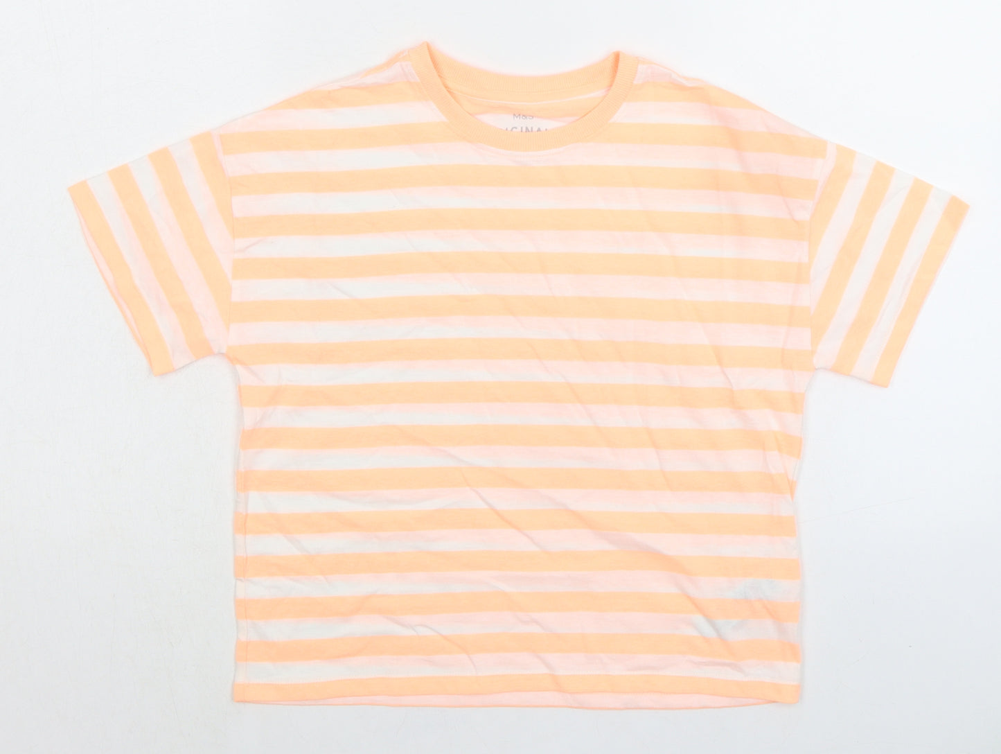 Marks and Spencer Girls Orange Striped Cotton Basic T-Shirt Size 11-12 Years Crew Neck Pullover