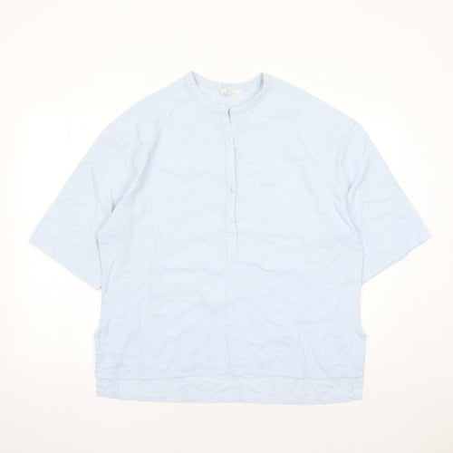 St Michael Womens Blue Linen Basic Blouse Size 14 Round Neck - Vintage