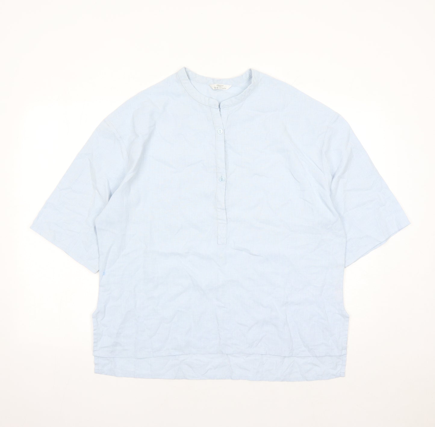 St Michael Womens Blue Linen Basic Blouse Size 14 Round Neck - Vintage