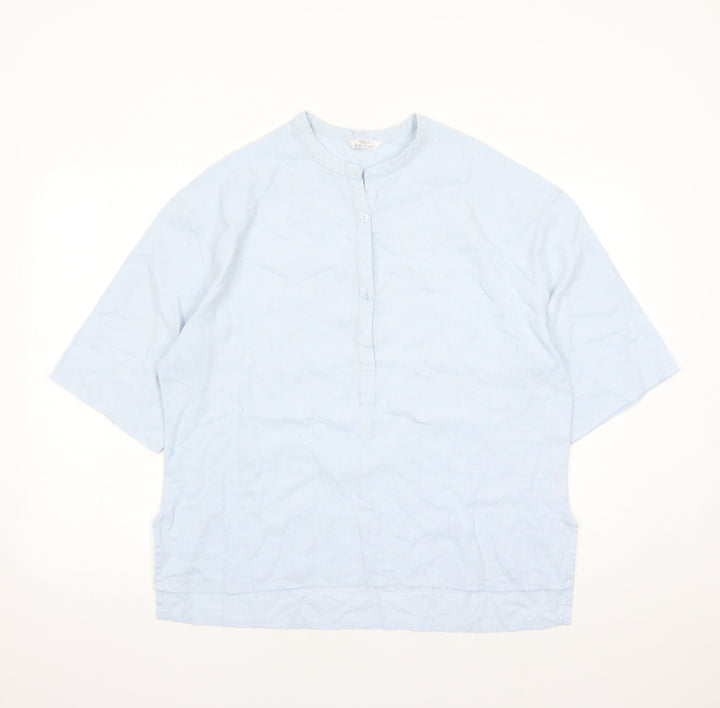 St Michael Womens Blue Linen Basic Blouse Size 14 Round Neck - Vintage