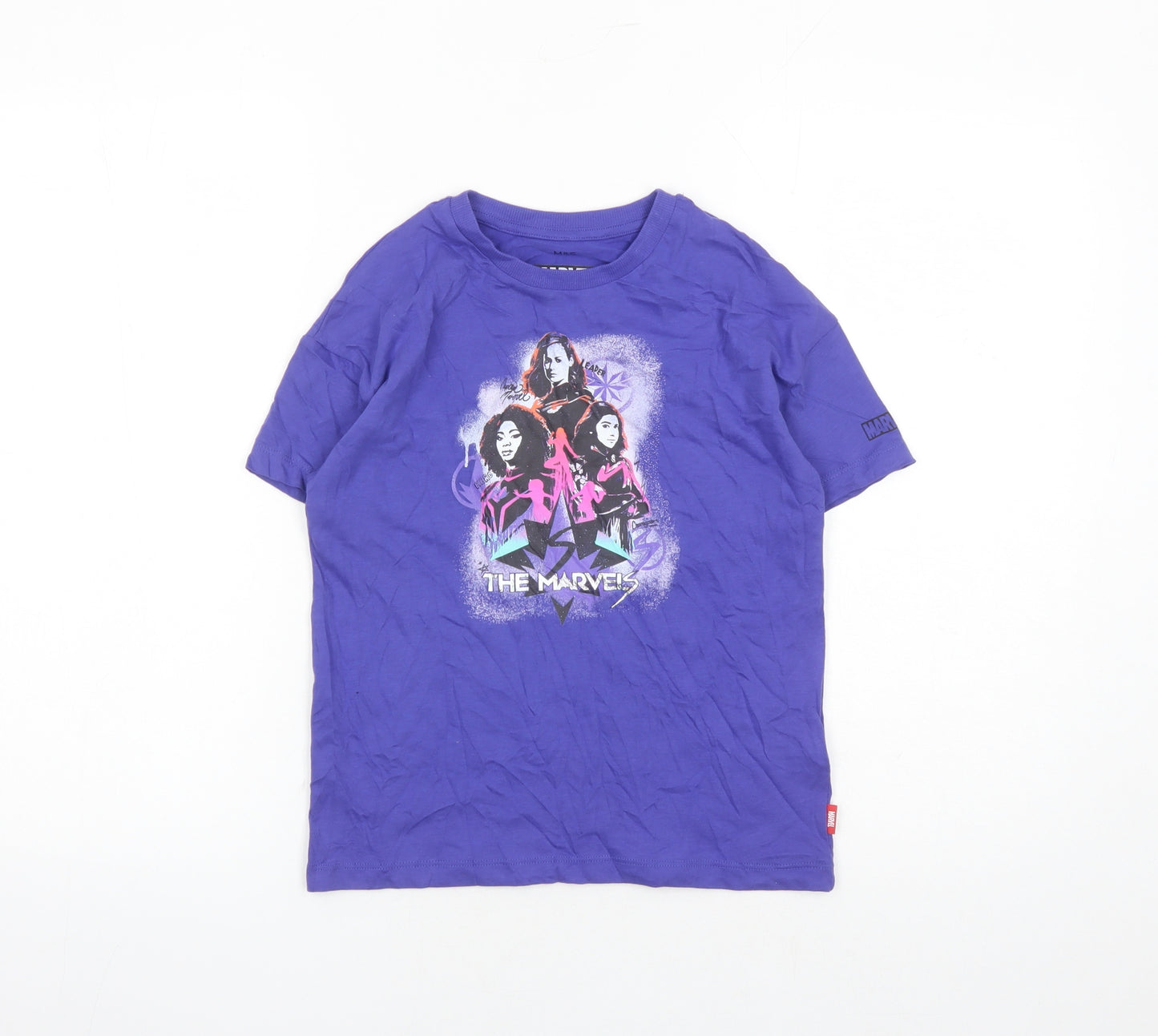 Marks and Spencer Girls Purple Cotton Basic T-Shirt Size 8-9 Years Crew Neck Pullover - Marvel