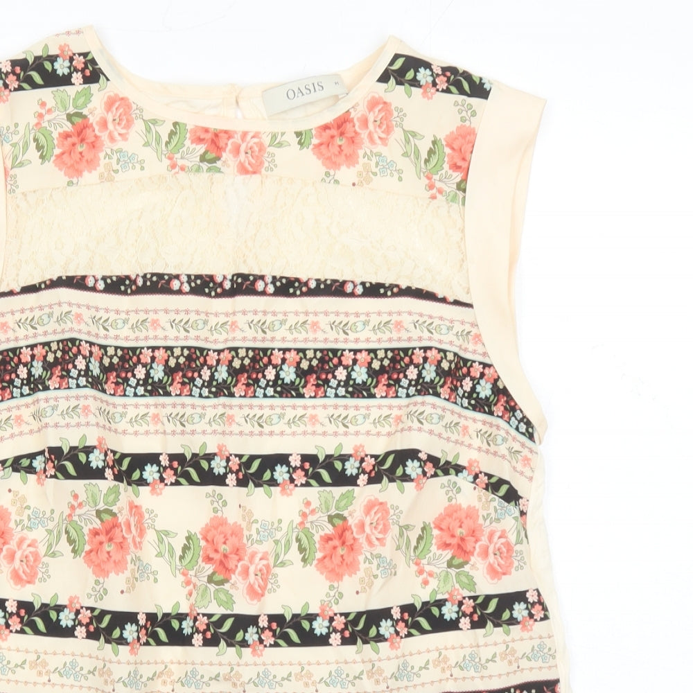 Oasis Womens Ivory Floral Polyester Basic Blouse Size M Round Neck - Lace Detail