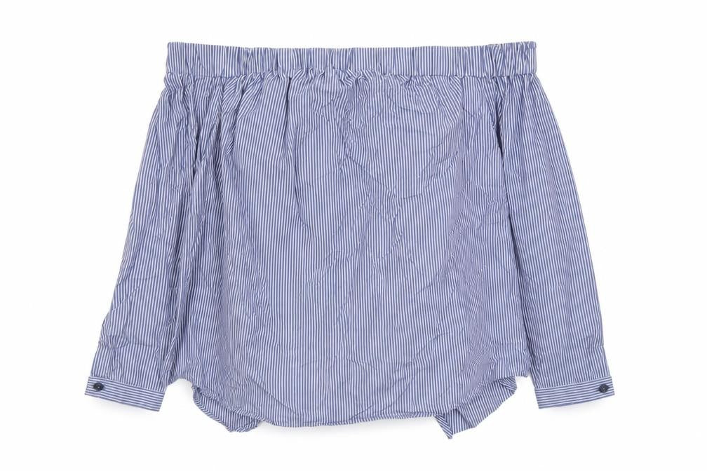 Front view of Topshop women’s blue striped cotton basic blouse, size UK 10, off the shoulder