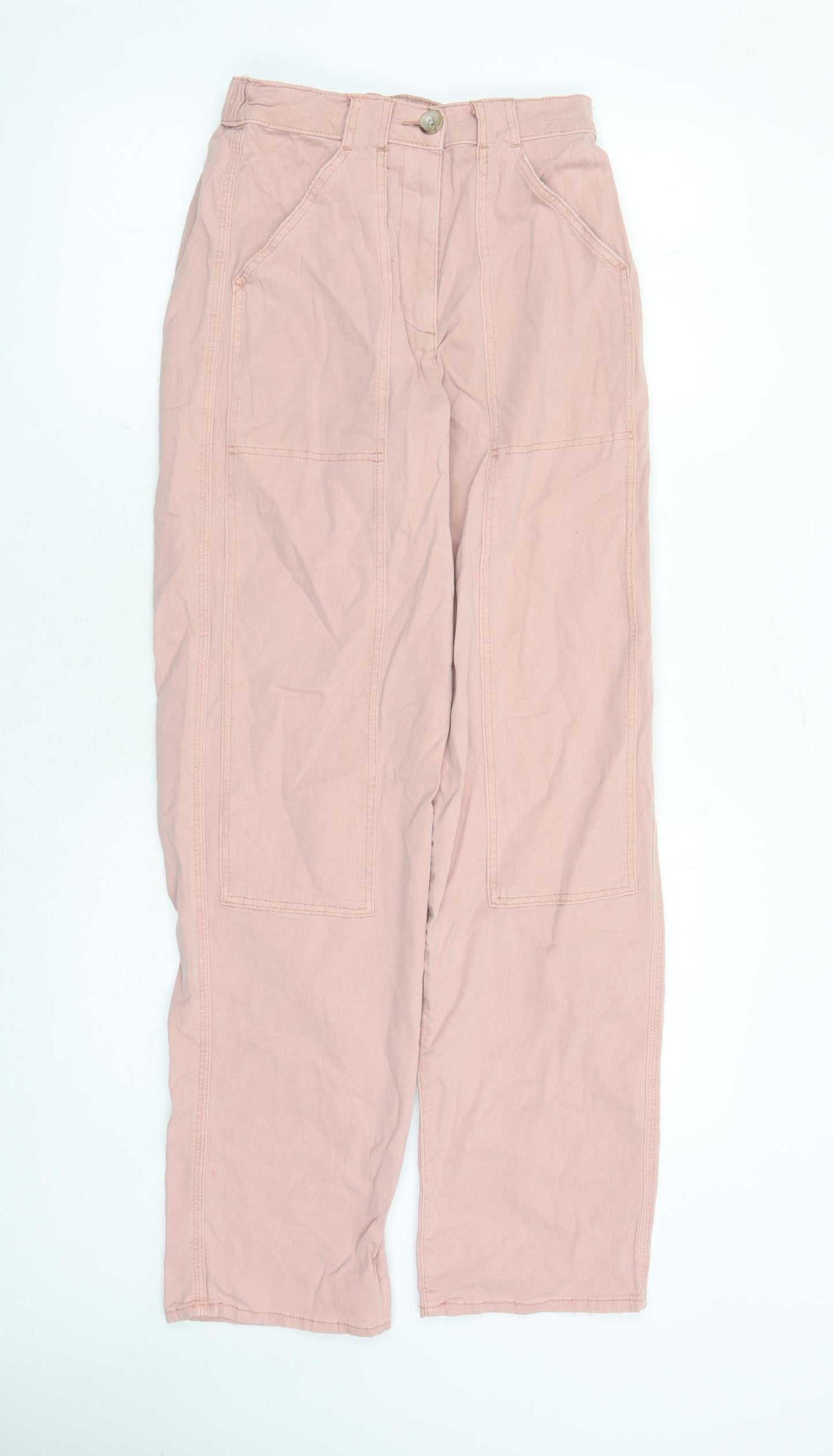Marks and Spencer Womens Pink Cotton Trousers Size 8 L31 in Regular Zip - Elasticated Waist Long Leg